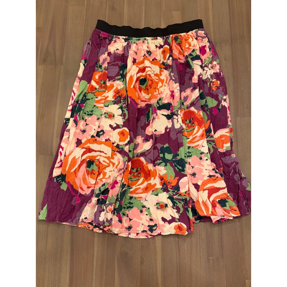Old Navy Womens Unlined Floral Midi Skirt Orange Purple Pink Elastic Waist Rose‎